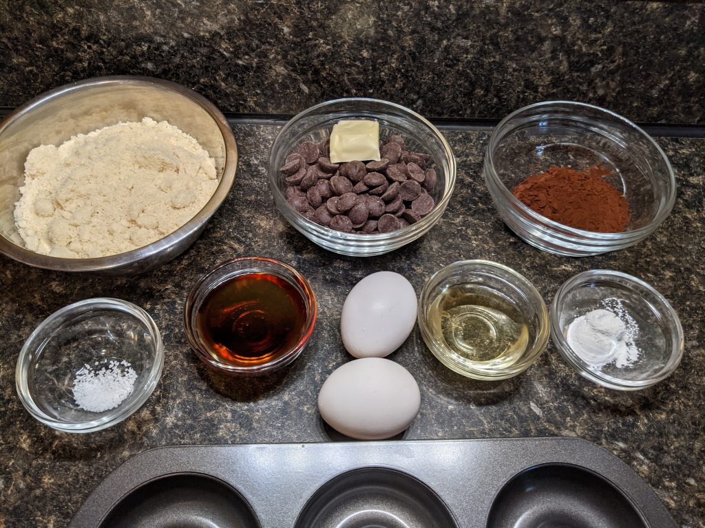 Ingredients for low-carb chocolate donuts.