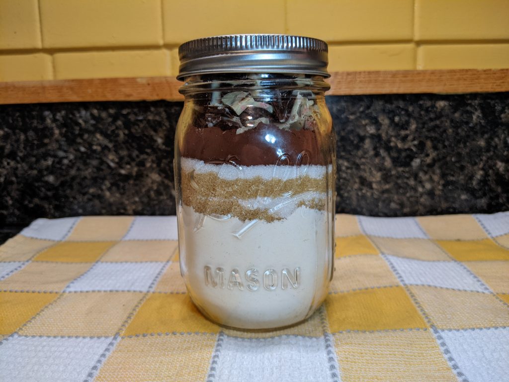 Cookie mix in a Ball mason jar.