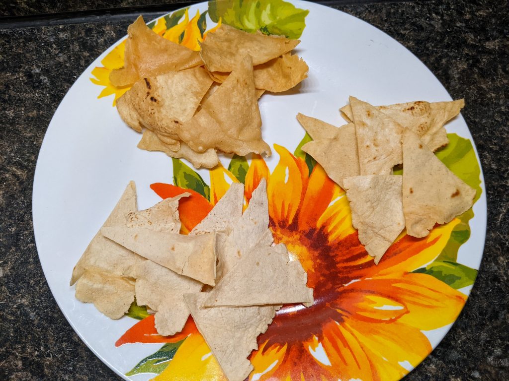 Three kinds of tortilla chips.