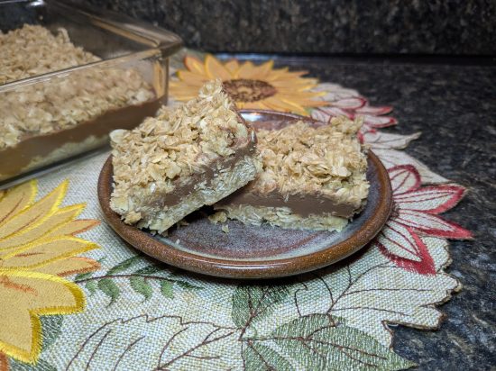 A picture of two no-bake bars arranged on a display plate.